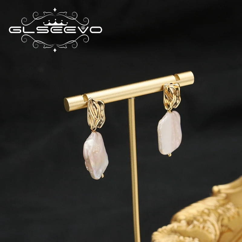 GLSEEVO Rhombus Plated Long Stitch Stud Earrings Exquisite Baroque Pearl Eardrop Korean Fashion Style Lady Eardrop Fine Jewelry