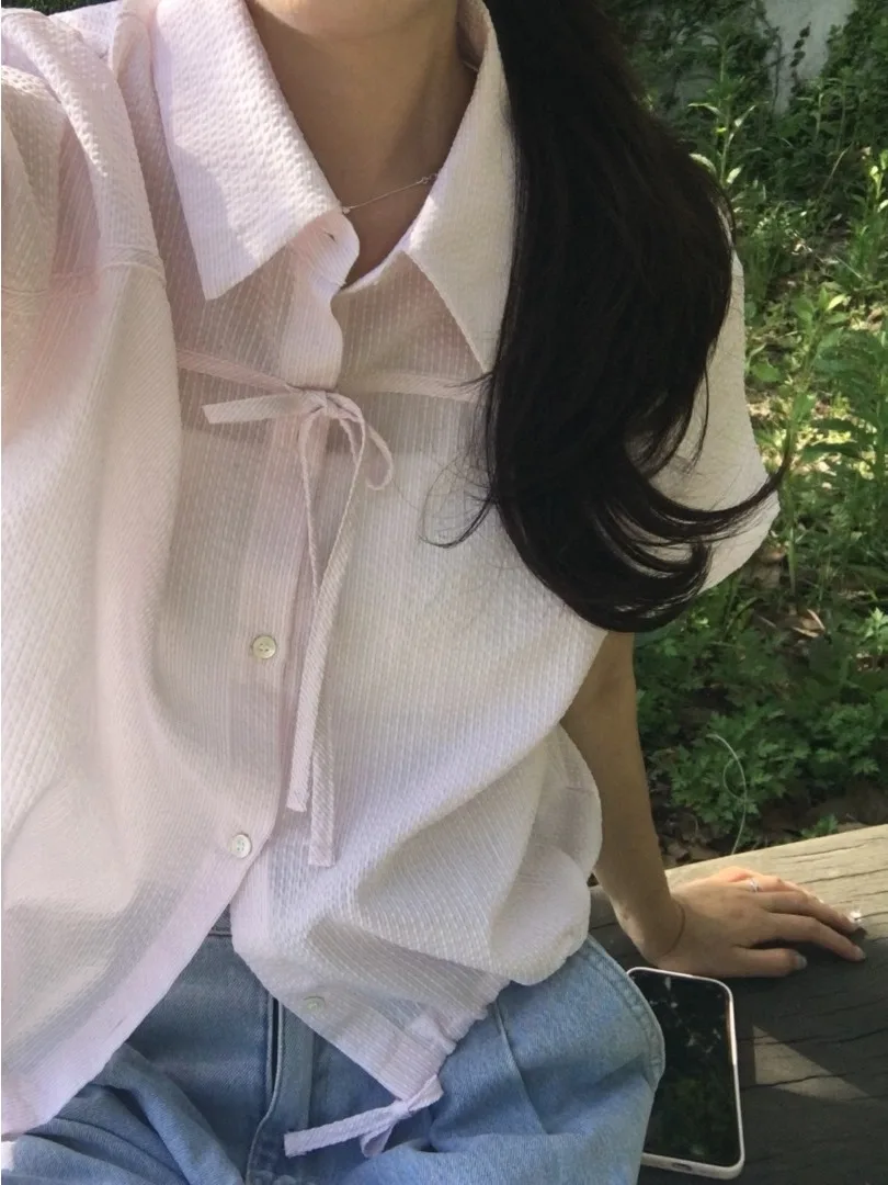 

Korean Sle Casual Slim Fit ort Sve Ne Striped irt Women's Top Faionable Tie Waist Straight Cut Commute Wind