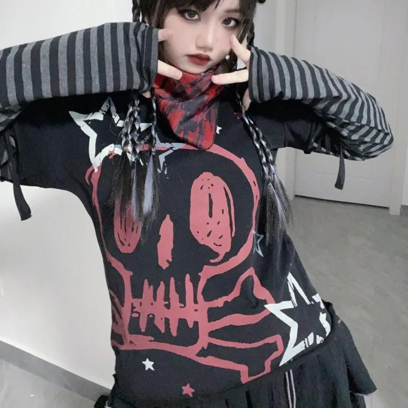 Y2k würziges Mädchen Punk-Stil Tops weibliche Gothic Kleidung neue Langarm Rundhals-Shirt Frauen gefälschte zweiteilige Stern Harajuku T-Shirt