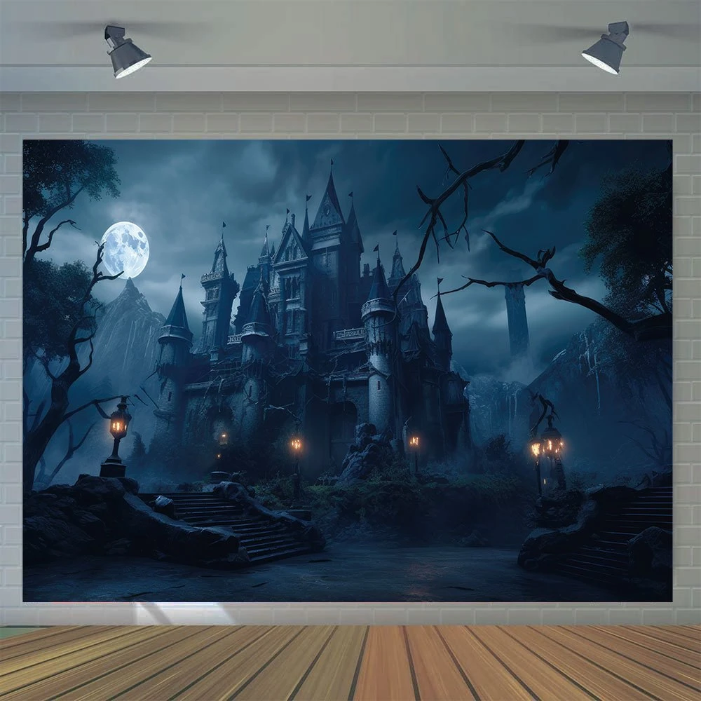 Halloween photography background banner, general purpose haunted castle night view, carnival themed multifunctional decoration