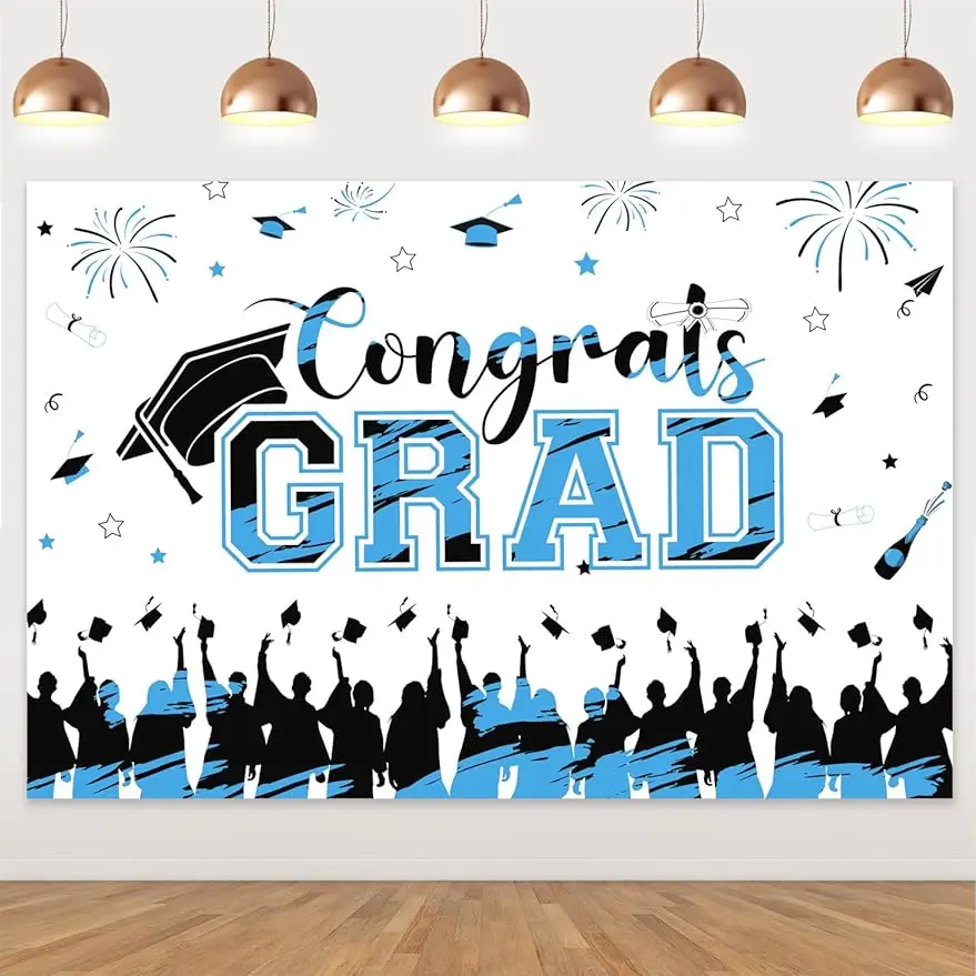 Kreatwow 5*3ft 2024 Light Blue Congrats Grad Graduation Backdrop Glitter Printed Bachelor Cap Photography Background Cloth