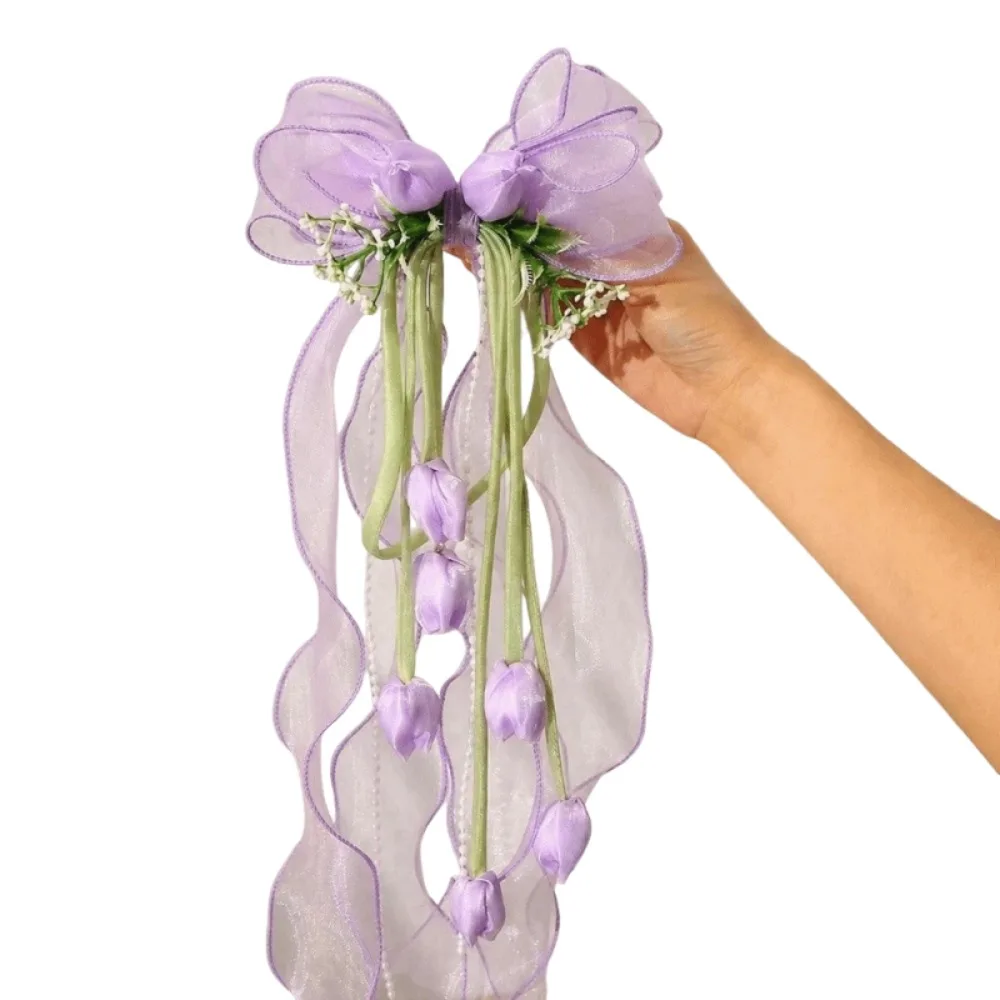 Sweet Fairy Flower Hair Clip Korean-style Long Ribbon Lace Bow Duckbill Clip Headpieces Silk Gauze Girls Floral Hairpins Bride