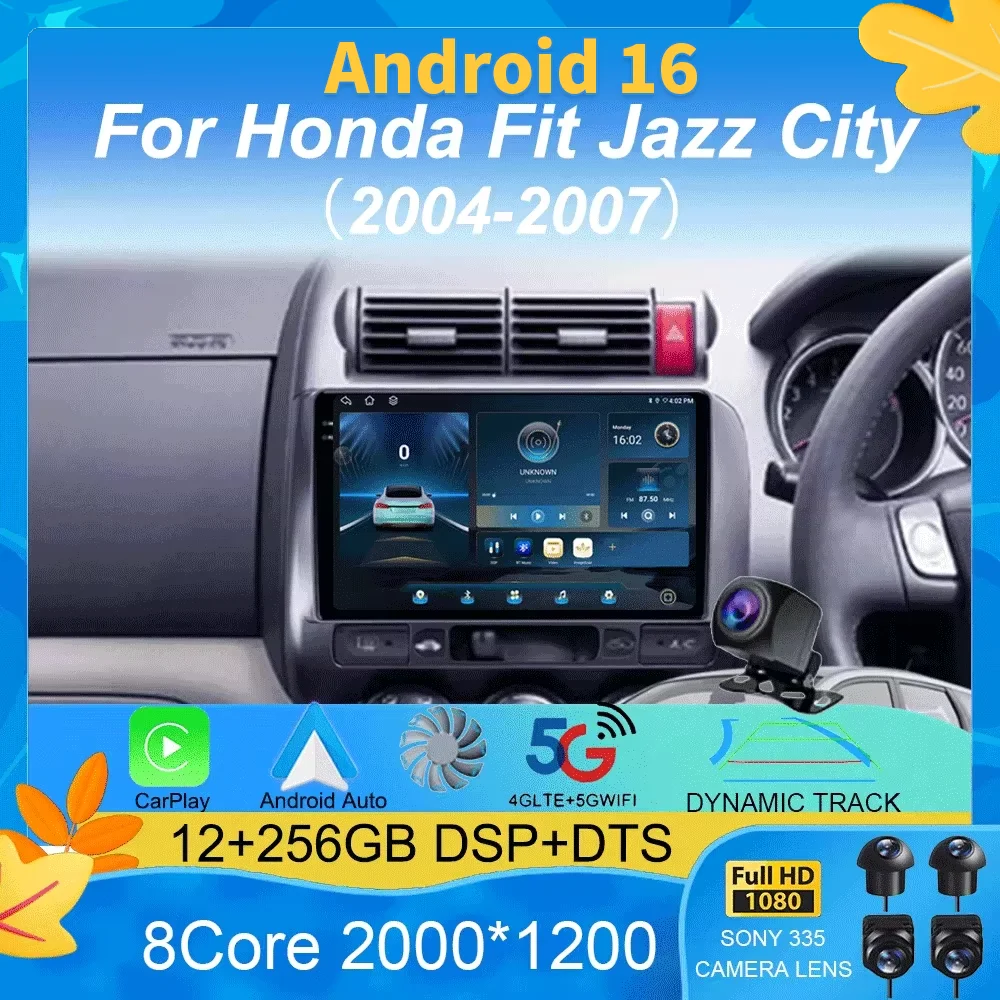 

Android 16 Carplay Auto 2K Screen Multimedia Car Radio Player For Honda Fit Jazz City 2004 -2007 Autoradio Stereo 2din Head Unit