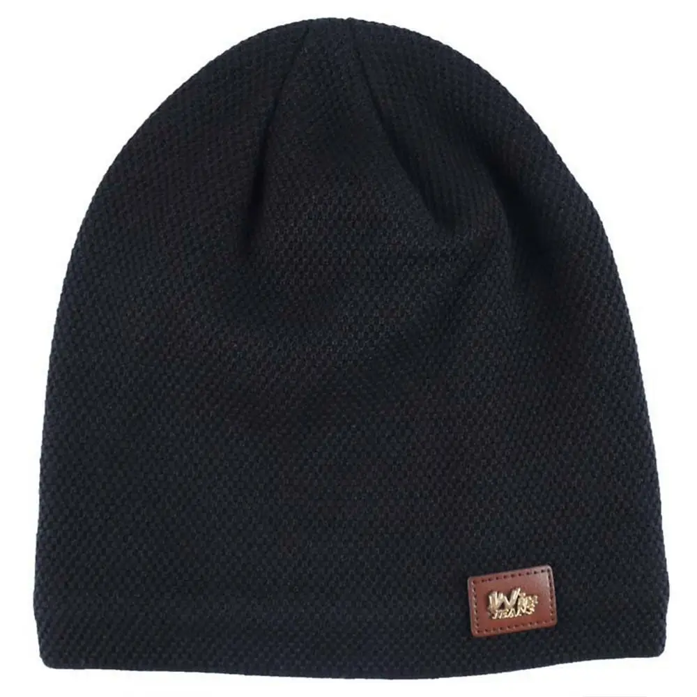 Warm Fleece Lined Casual Knitted Hat Knitted Material Label Decor Slouchy Winter Hats Pullover Solid Turban Cap Winter Season