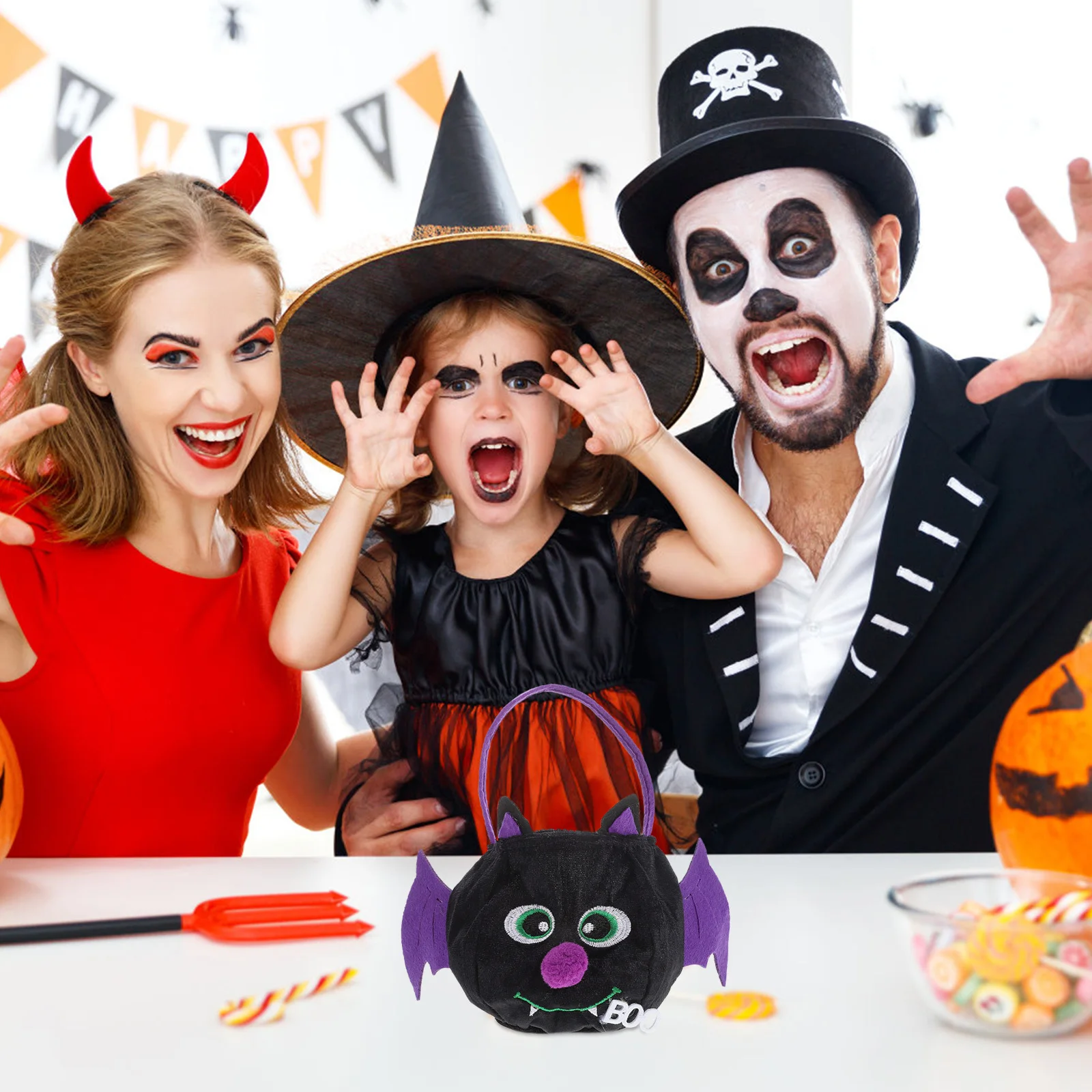 

3pcs Black Bat Candy Bag Large Capacity Halloween Goodie Pouch Cartoon Design Handheld Bucket For