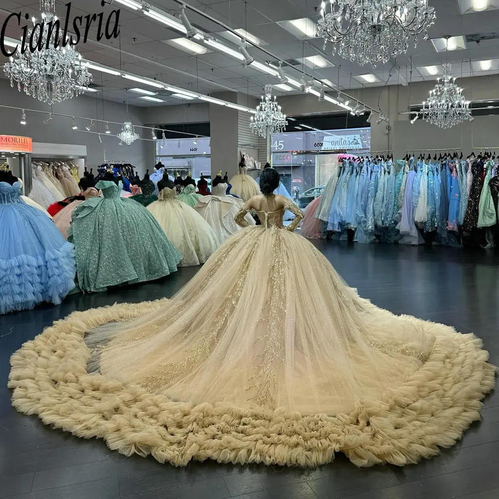 Золотистые блестящие платья для Quinceanera, бальное платье со съемным рукавом, блестящее милое платье на день рождения 15