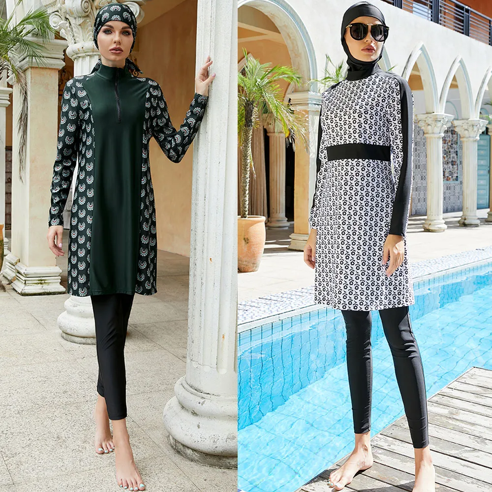 

New Women Muslim Swimwear Swimsuit Burkini Modest Three-Pieces Set Print Tops Pants Cap Swimming Diving Beach Wear Bathing Suit