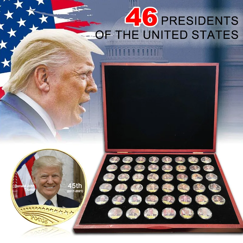 

46pcs/lot President of the United States Trump Gold Plated Coin With Wooden Box Commemorative Coin For Souvenir Business Gift