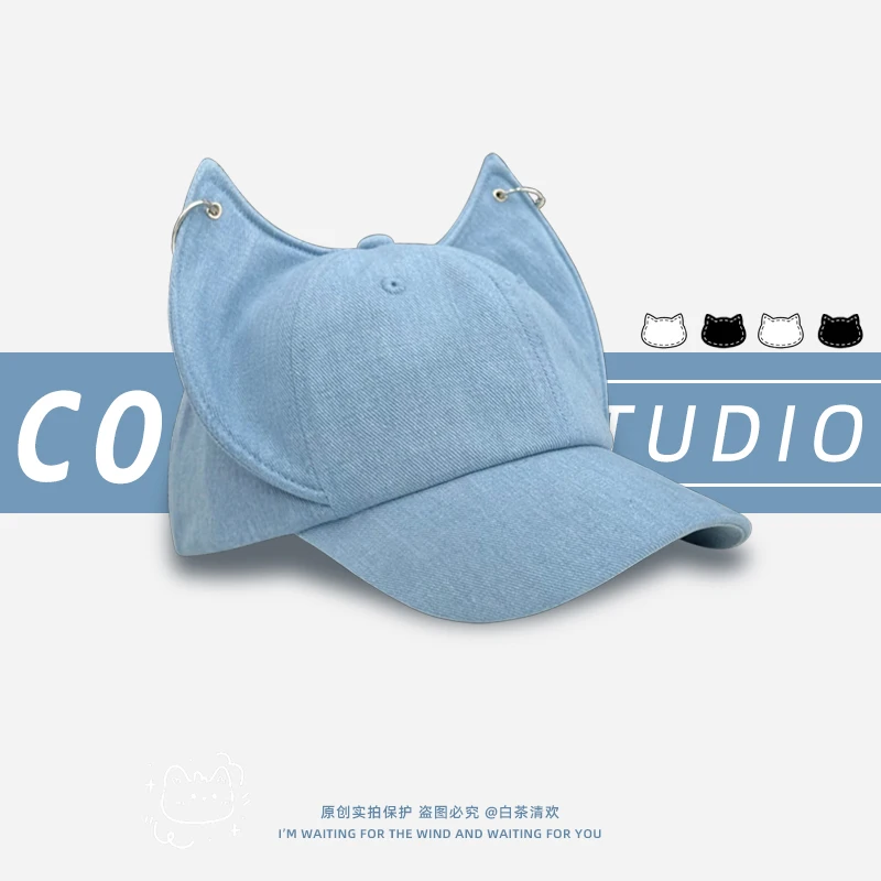 

Niche Personality Cute Cat Ears Metal Buckle Design Cowboy Hat Men and Women Spring and Summer Curved Brim Trendy Baseball Cap