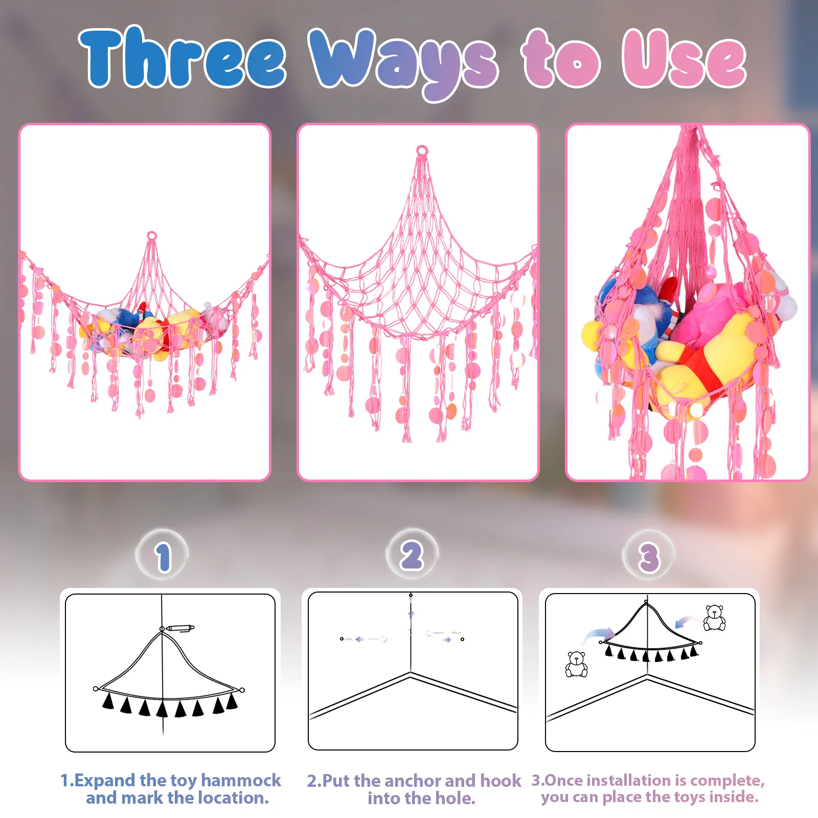 Stuffed Animals Hammock Net Large Capacity Plush Toy Storage Hammock with LED Light Kids Bedroom Decoration Corner Toy Organizer image 4