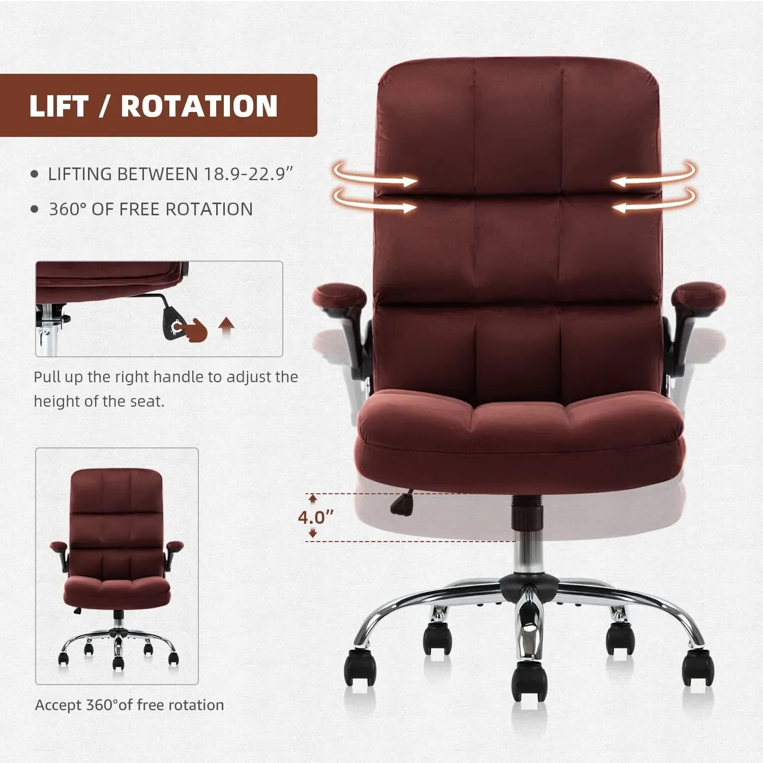 Velvet Office Chair Adjustable Tilt Angle and Flip-up Arms Executive Computer Gaming Chair, Thick Padding for Comfort Ergonomic