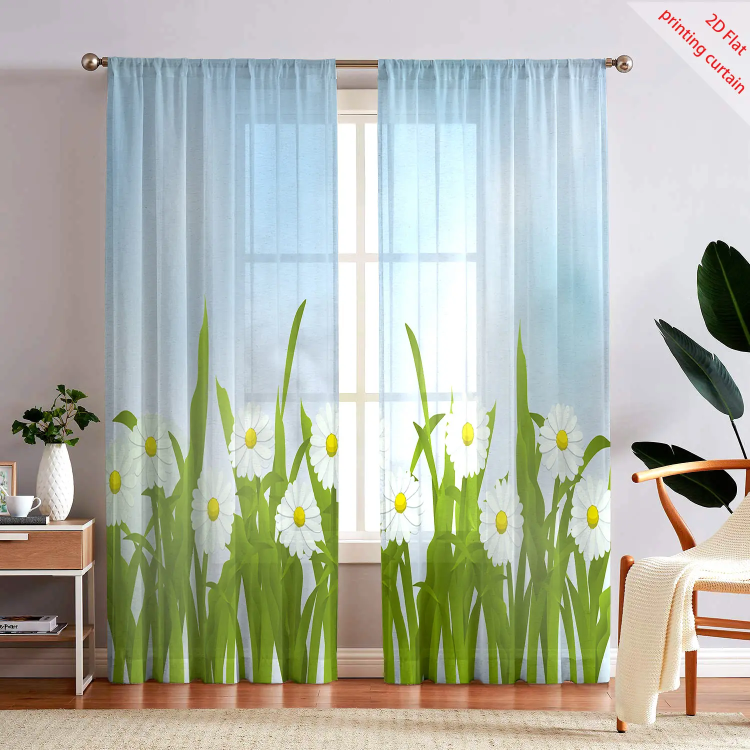 Plant and flower printed gauze curtains, transparent curtains for home, office, dormitory, living room balcony window decoration