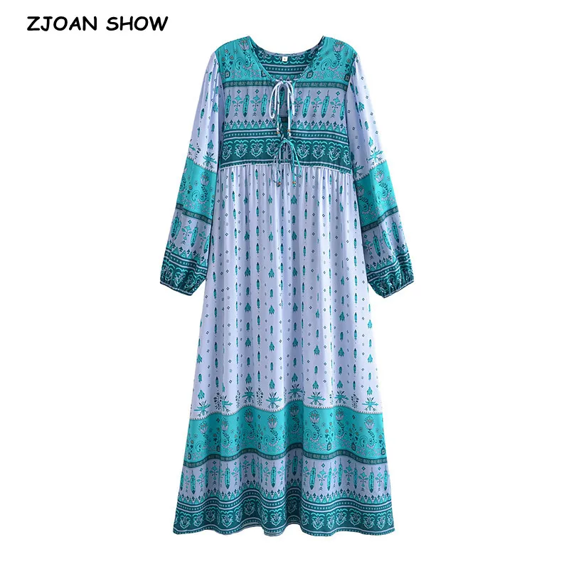 2023 BOHO Contrast Color Flower Print Bandage Lacing up Collar Midi Dress Woman Viscose Cotton Long Sleeve Maxi Robe Holiday