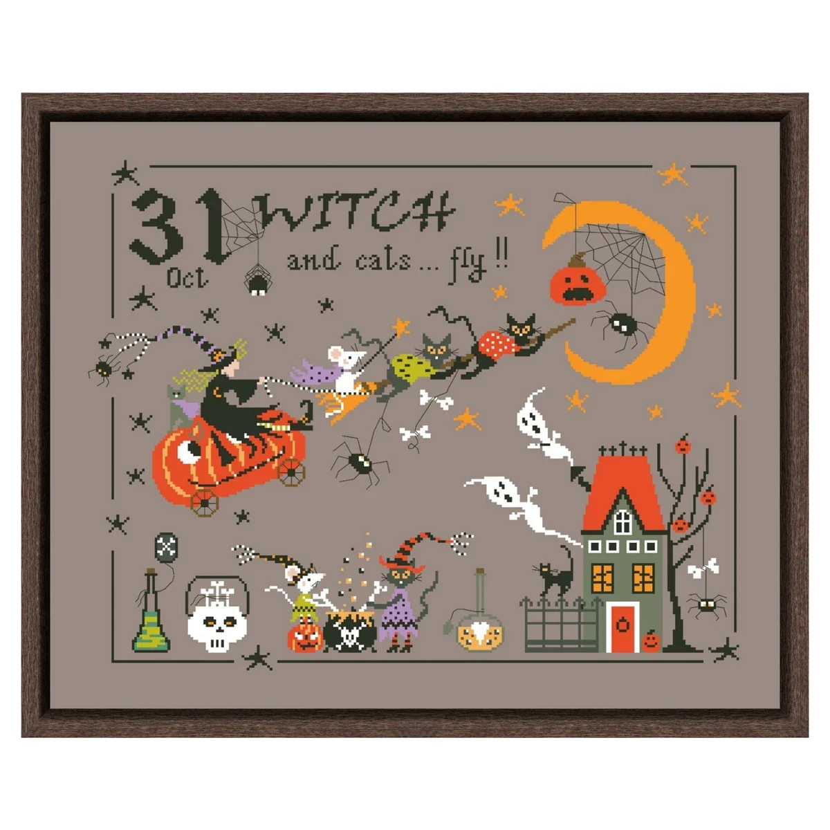 Witch and cats fly cross stitch kit Halloween cartoon 18ct 14ct 11ct coffee canvas stitching embroidery DIY