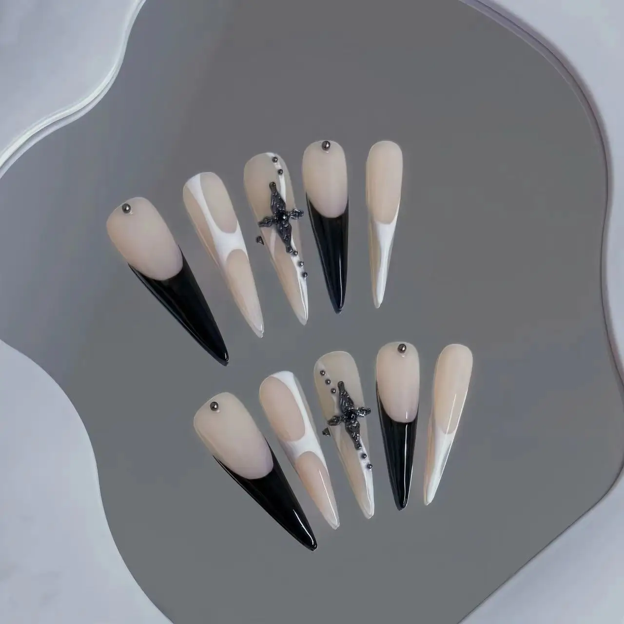 10pcs Handmade Press on Nails Gothic Punk Metal Silver Irregular Lines Fake Nail Tips Wearable Dark Blue Spice Girl False Nails image 4