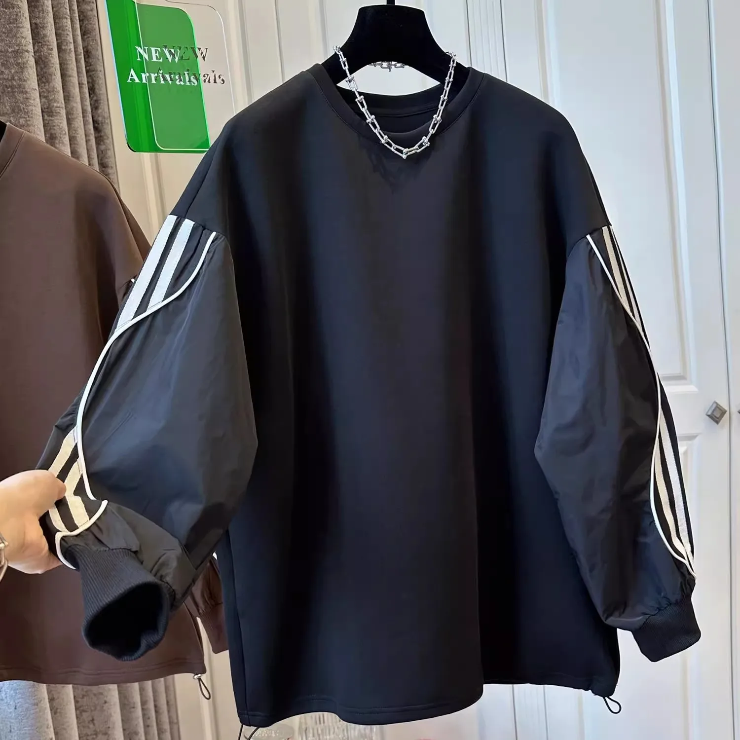 

Autumn Winter Large Size 300 Pou Tee Bars Splicing Color Blo Long Sve T-irt ex Casual Warm Top