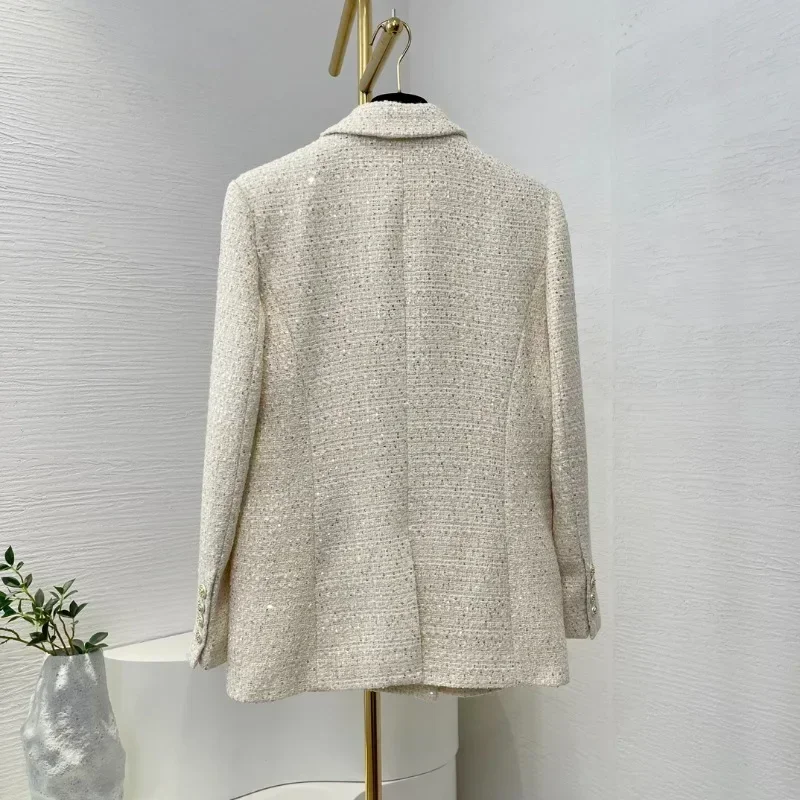 Chaqueta de Tweed de manga larga con cuello a medida para mujer, chaqueta de oficina de alta calidad, y dorado brillante color Beige, otoño e invierno, 2024