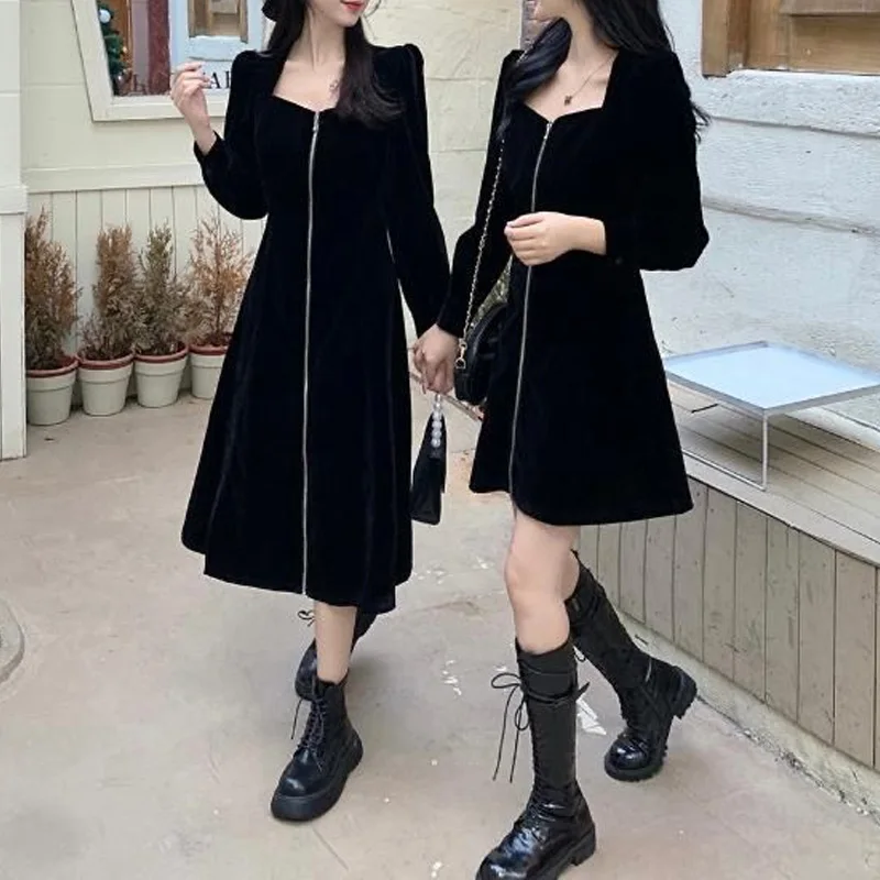 2023 New Spring and Autumn Fashion Simple and Playful Hepburn Style Square Neck Panel Zipper Bubble Sleeve Waist Shrink Dress