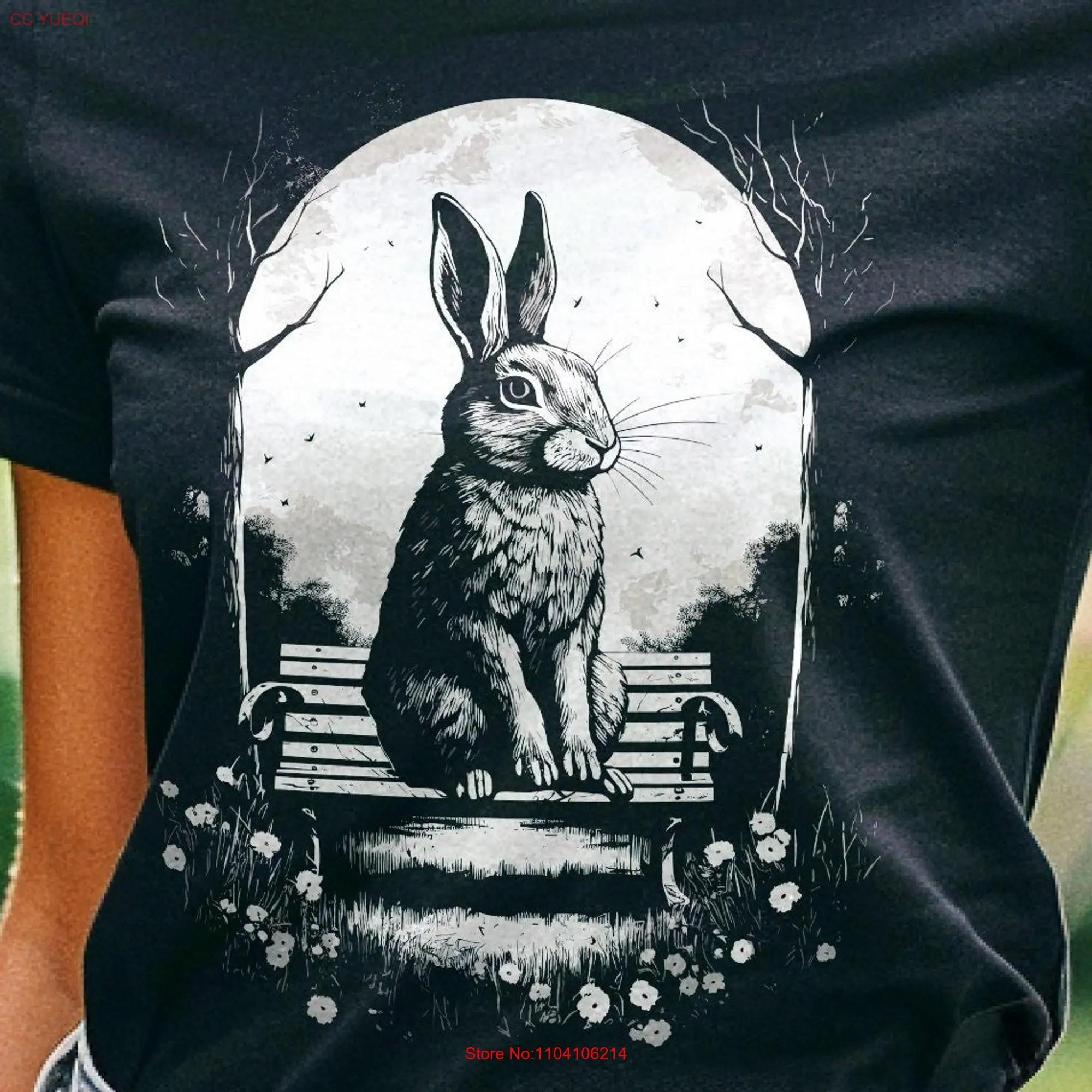 Bunny T Shirt On Park Bench Women Kids Heavyweight long or short sleeves