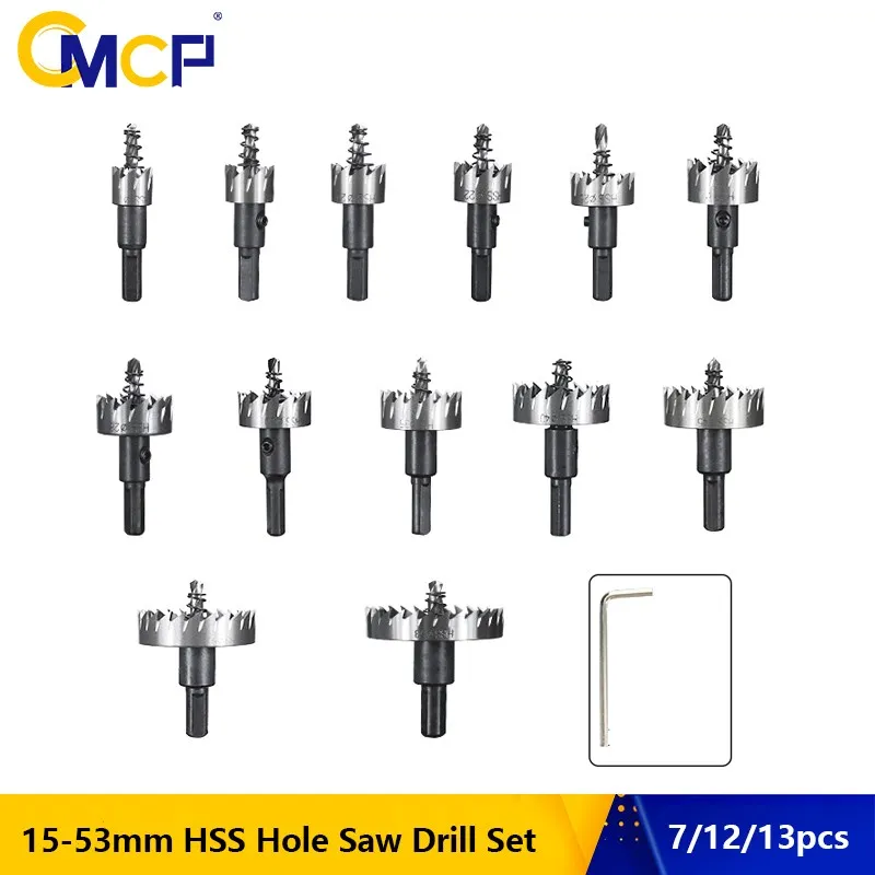 CMCP Hole Saw Drill 7/12/13PCS 15-53mm HSS Hole Cutter for Drilling Stainless Steel Iron Metal Drilling Tools Core Drill Bit