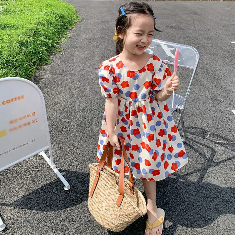 Short Sleeve Summer Baby Dress Toddler Girls Casual Cute Fresh Printing Thin Design Round Neck Princess Dress Kids Cotton Dress