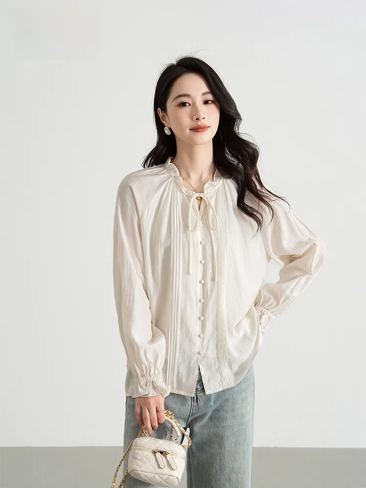 쉬파니 롱 슬리브 셔츠 여성용 봄 가을 2025 신상 스탠드 칼라 벨티드 나무 귀 레이스 스몰 프래그런스 스타일 이너웨어 탑