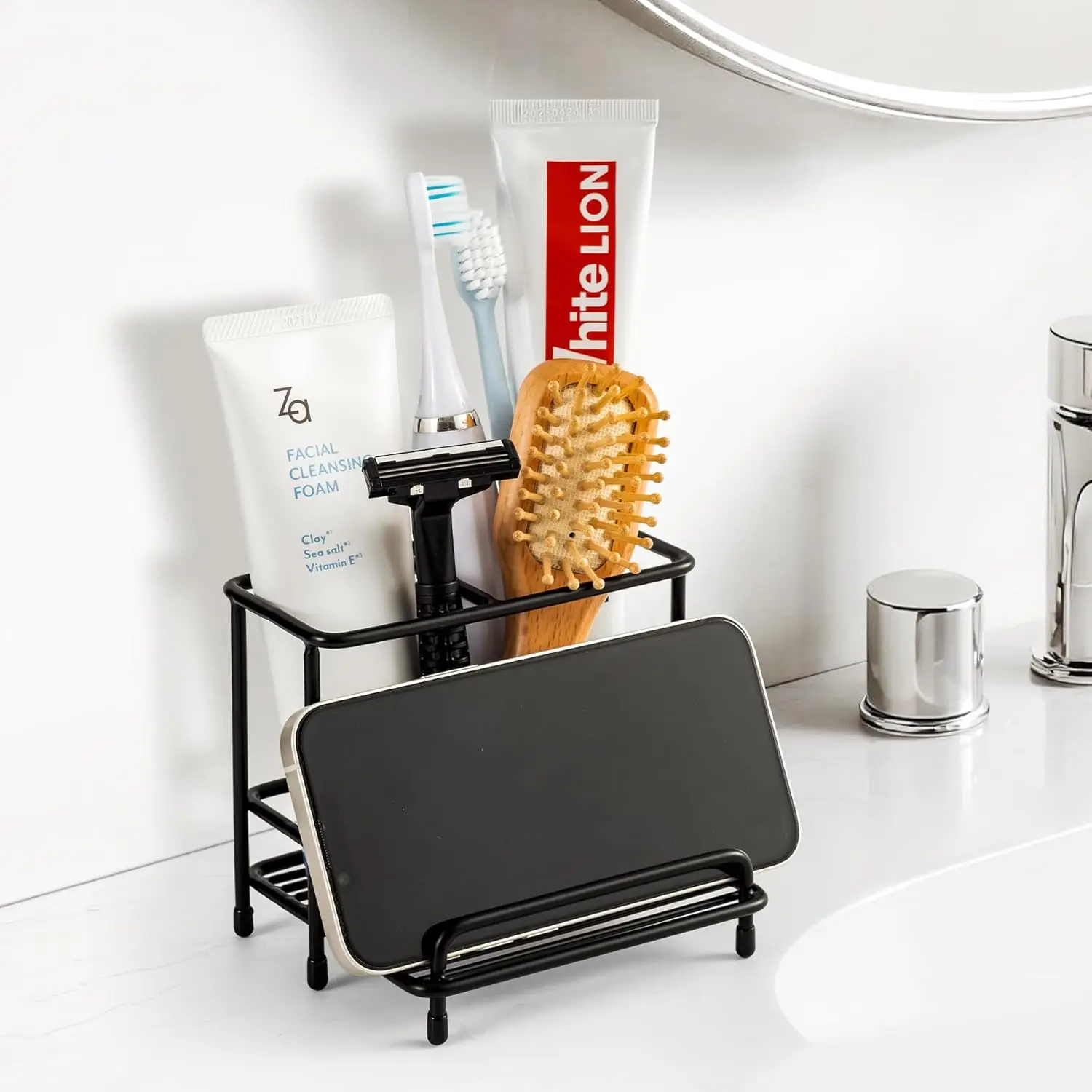 

Держатели для зубных щеток для ванных комнат, черный органайзер для зубных щеток с передней панелью для держателя телефона, зубной щетки из нержавеющей стали и T