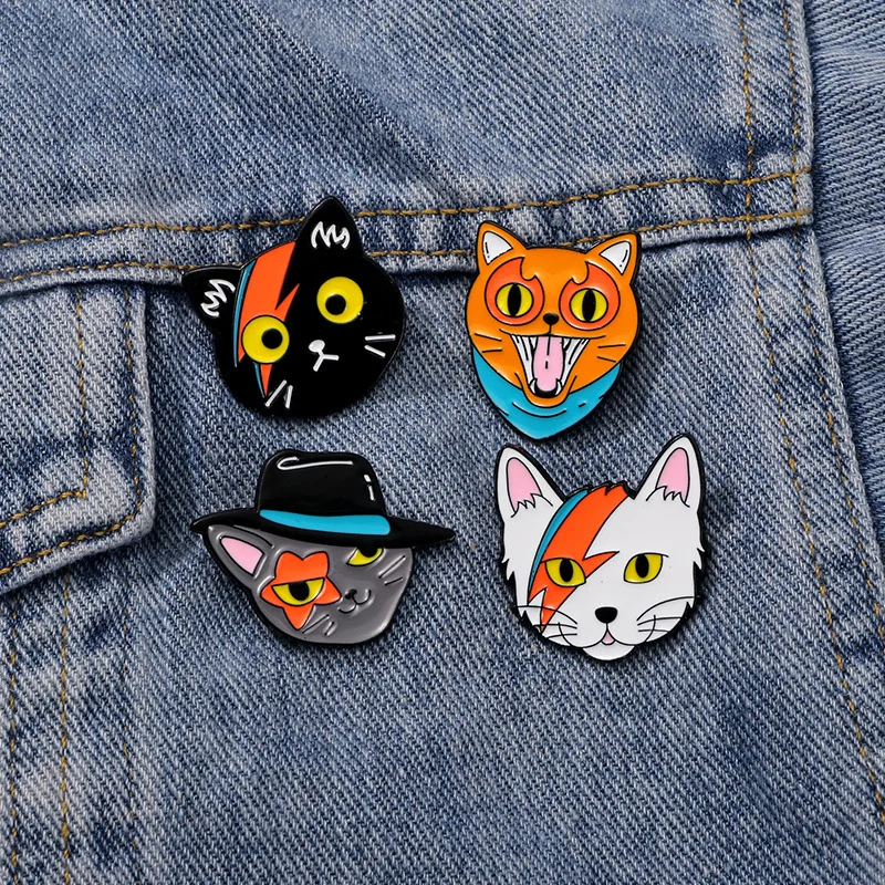 Broche de dibujos animados de gato divertido, insignia de gato, Pin de solapa, ropa Punk, Pin de joyería, pentculo, caballero, sombrero, cicatriz, corbata, lengua, gato, villano, Animal