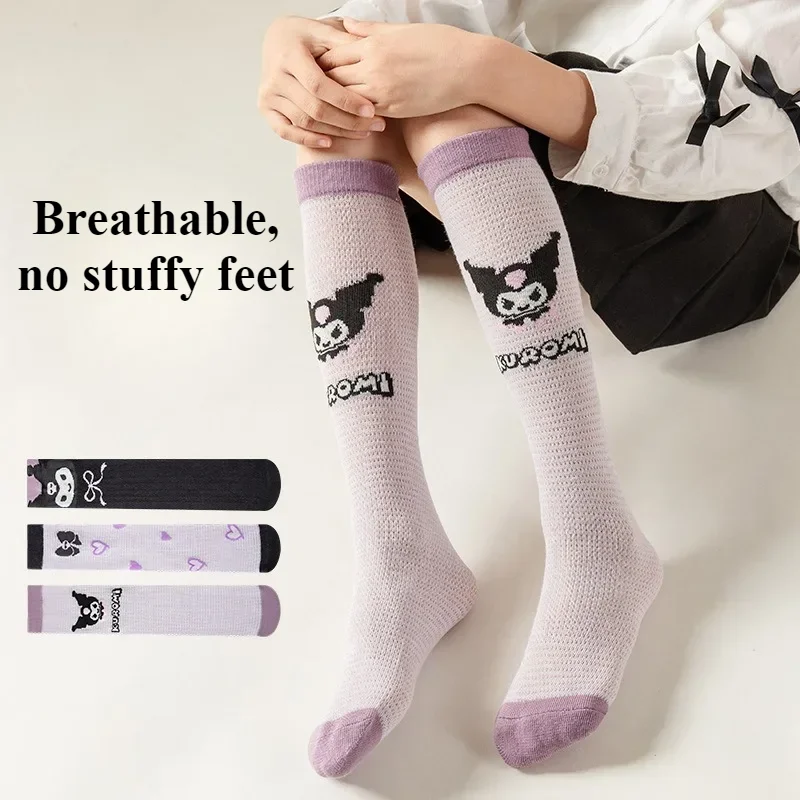 Sanrio Kuromi Girls High Socks New Cartoon Anime Characters Mesh Breathable Calf Length Cotton Socks Kawaii Lolita Accessories