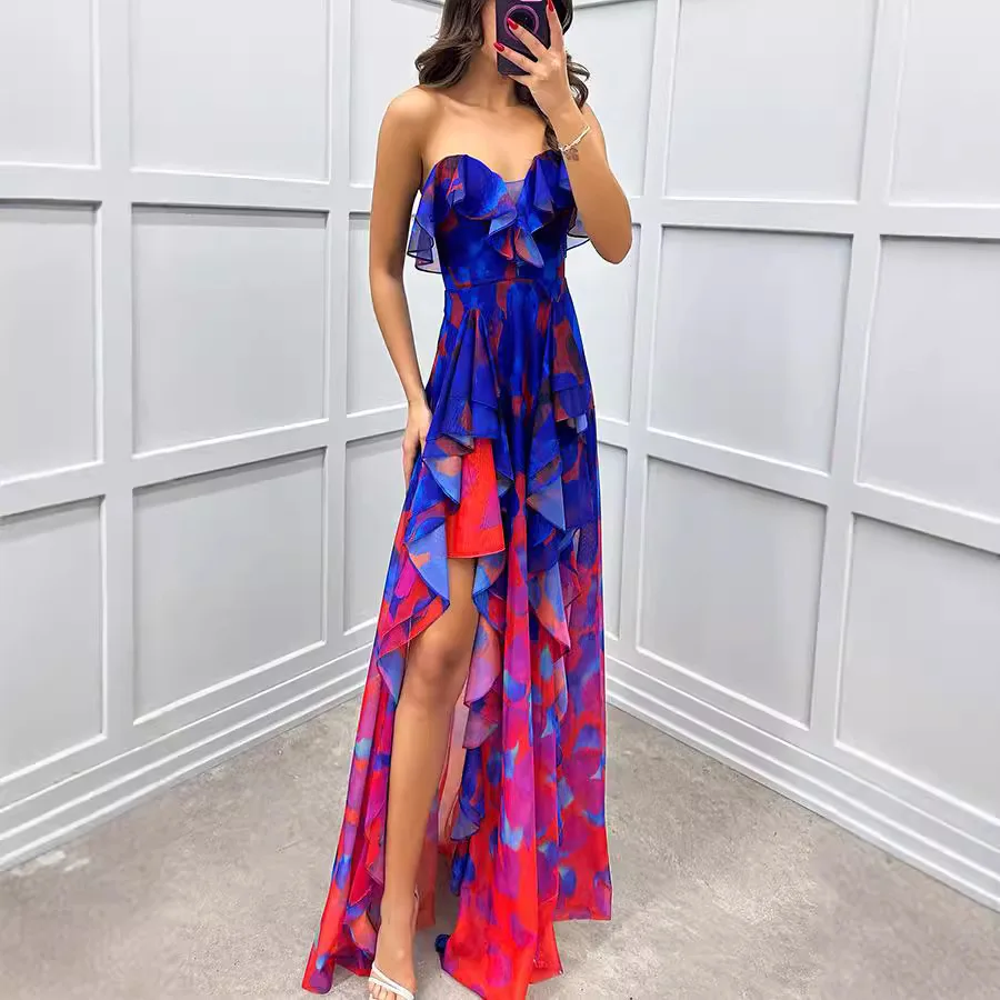 Women Sexy Strapless Ruffle Irregular Maxi Dress Spring Print Mesh Pleated Long Dress Summer Off Shoulder Backless Party Dresses