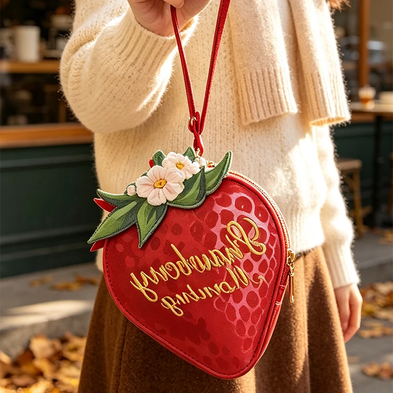 Erdbeerförmige Lolita-Mädchen-Handtasche, Japanische Süße Niedliche Münzbörse, Damen-Geldbörse mit Buchstabenstickerei und Reißverschluss – Detail 8
