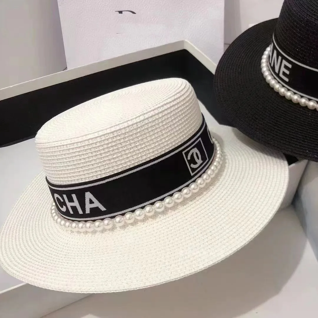 

Летняя соломенная шляпа, шляпа ручной работы с жемчужным декором, детская корейская шляпа с плоским верхом от известного бренда, пляжная шляпа для защиты от солнца, модная.