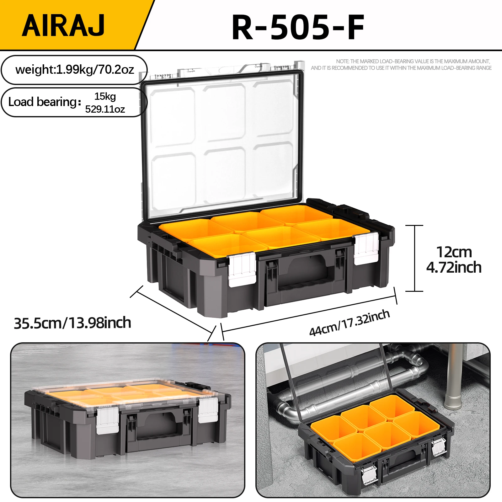 AIRAJ Transparent Plastic Parts Organizer Includes 6 Deep Bins Multi-functional Maintenance Parts Boxs Stackable Large Toolbox
