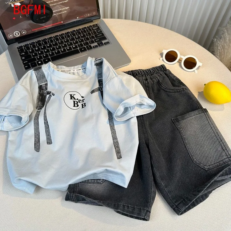 2-10Y New Baby Boys Handsome cotton Short Sleeved Suit Summer Children's Clothing Printed White T-shirt Denim Shorts 2pcs Set