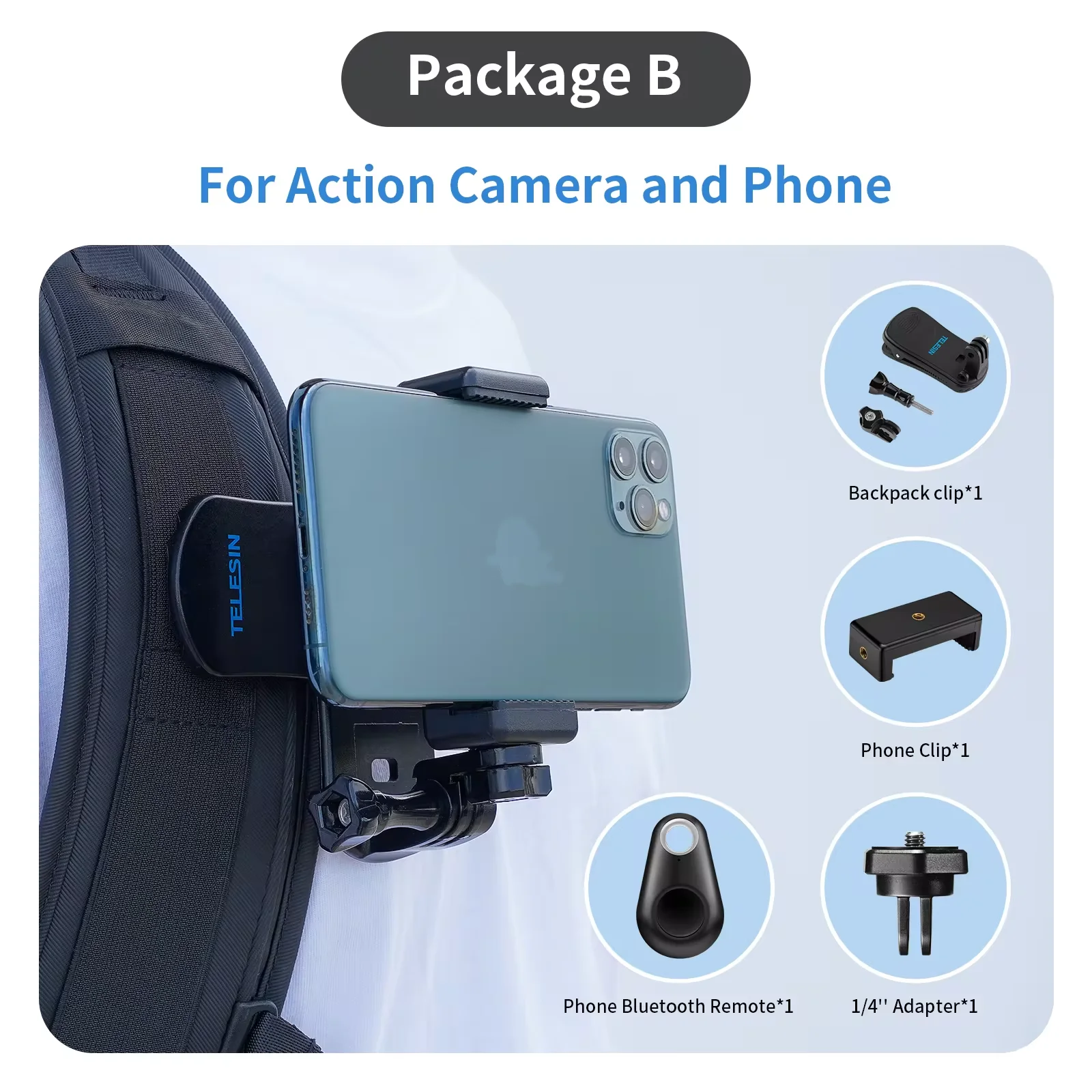 TELESIN 360 度回転バックパッククリップクランプマウント GoPro Hero 
