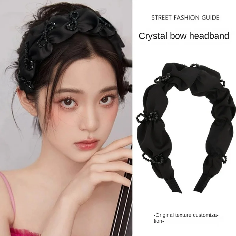 Black High-Grade Wide-Brimmed Pleated Crystal Headband Female High Skull Top Temperamental Crushed Hairhoop New Hair Accessories