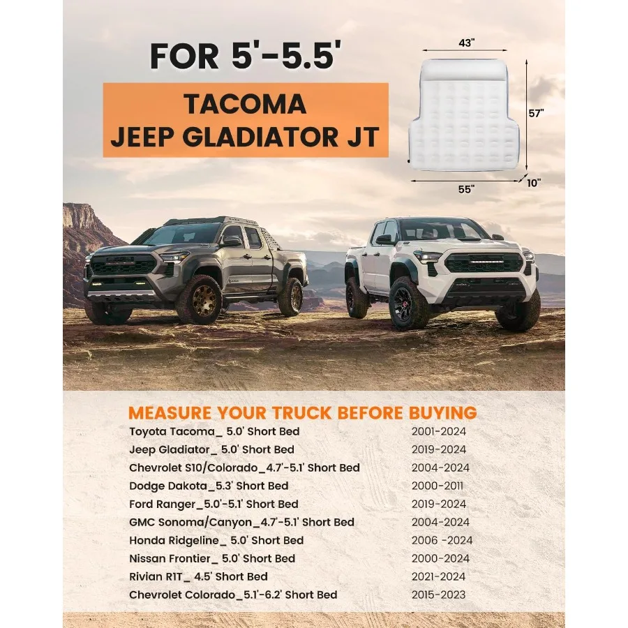 Short Truck Bed Mattress 5-5.5ft for Mid-Size Pickup, Truck Bed Air Mattress for Tacoma Jeep Gladiator JT, Rechargable Built in