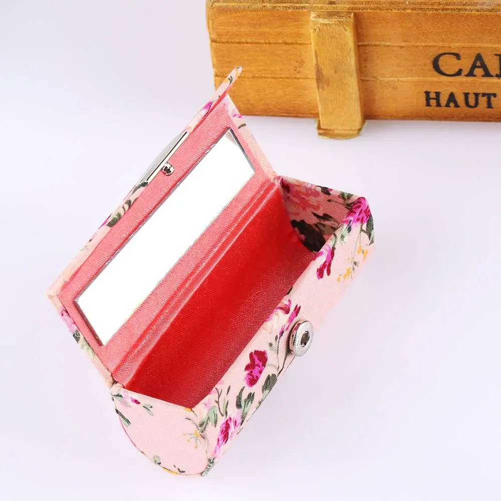 Women Beauty Retro Embroidered Flower Designs Jewelry Holder Lip Gloss Box Mini Mirror Lipstick Case