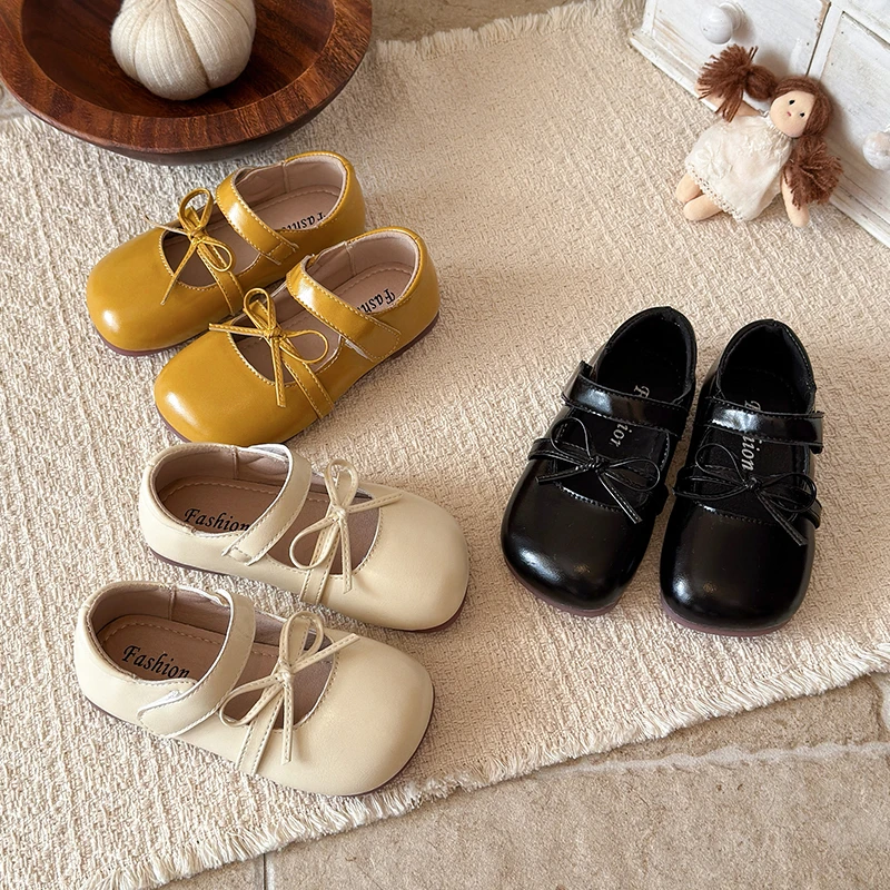 Girls Leather Shoes with Bow-knot Children Mary Jane Shoes Soft Sole Kids Flats Princess Dress Shoes Non-slip Size 22-33