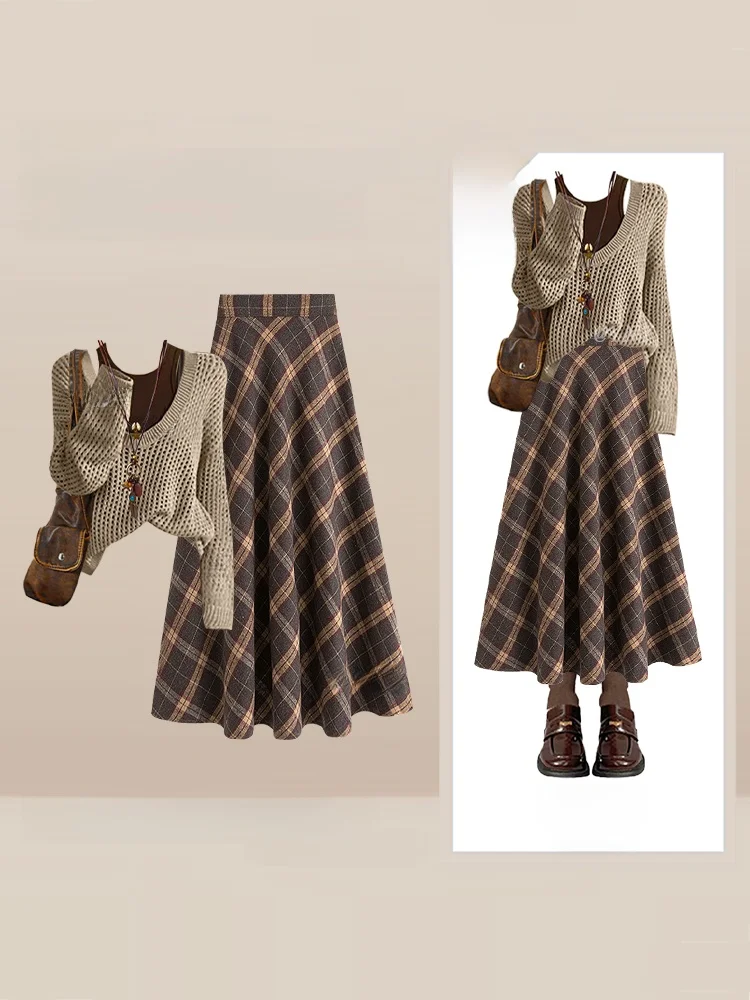 Herfst nieuwe uitgeholde gebreide trui set met geruite f rok voor dames zachte Sle lange Sve ronde Ne vrijetijdskleding