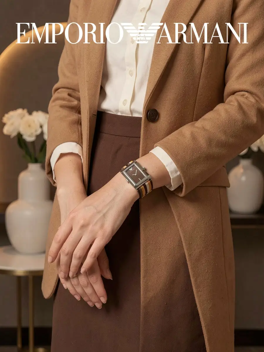 Emporio Armani AR7311 Ladies Quartz Watch, Silver Tone, Multicolor Striped Fabric Band, Square Minimalist Dial Commute Watch