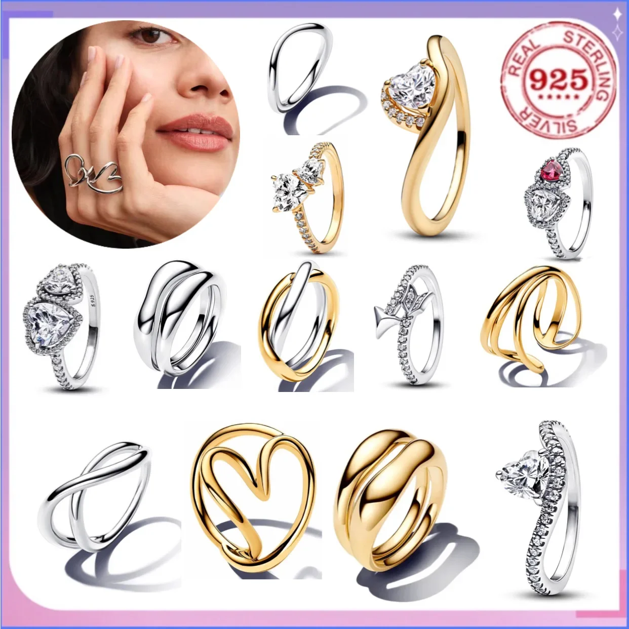 Image of 925er Sterlingsilber Doppelherz-Charm-Ring mit unregelmäßigem Design, geschichtet, geeignet für DIY-Damen-Hochzeitsschmuck.