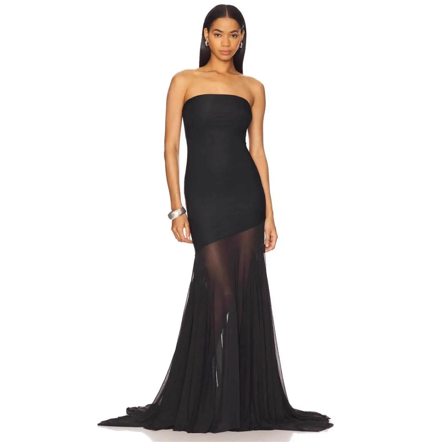 

Sexy Strapless Long Dress Pure Color Mesh Wrap Body Contouring Women's Fashion New 2025 Cross-Border Clothing Sleeveless Gown