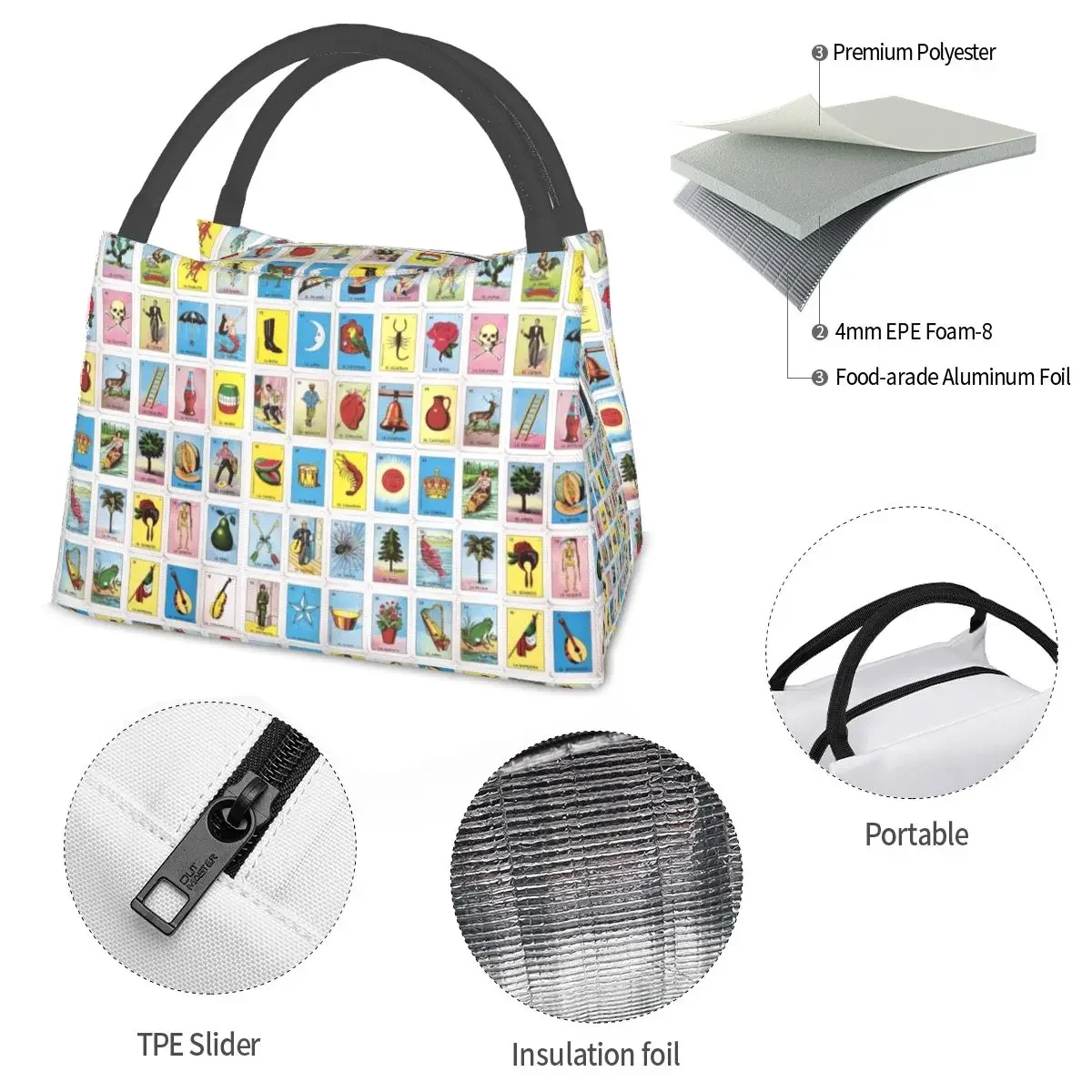 Colorful Mexican Loteria Cards Lunch Bag Funny Kawaii Lunch Box Outdoor Picnic Portable Thermal Tote Handbags Print Cooler Bag