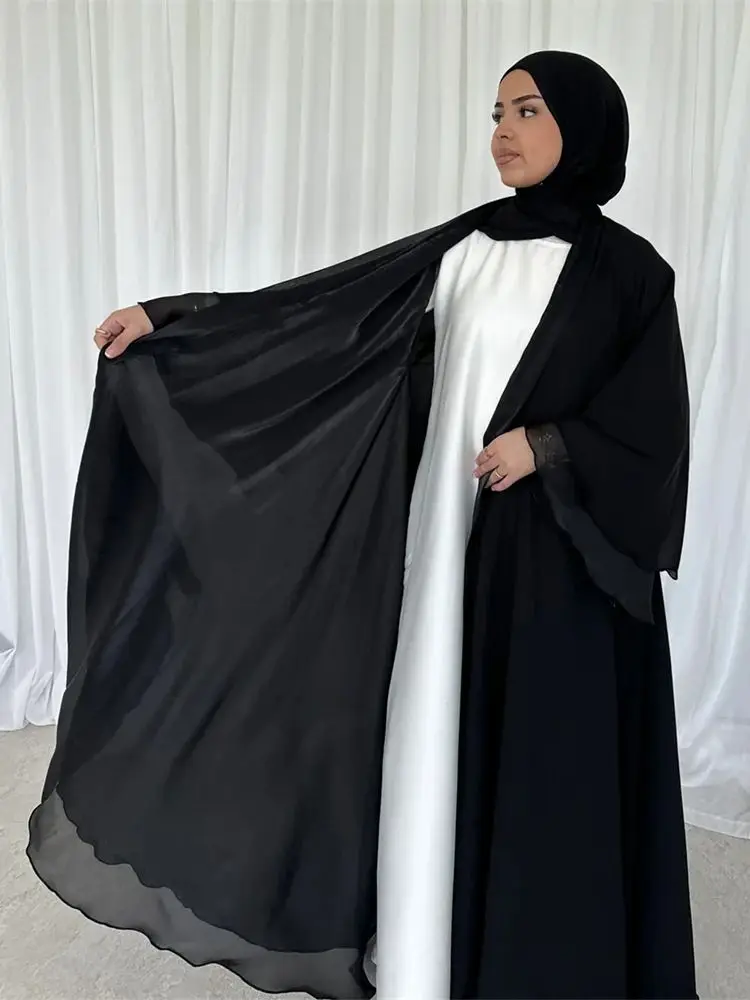 Eid Organza Chiffon Double-sided Wear Kimono Abaya Dubai Muslim Modest African Dresses For Women Kebaya Kaftan Islam Robe Femme