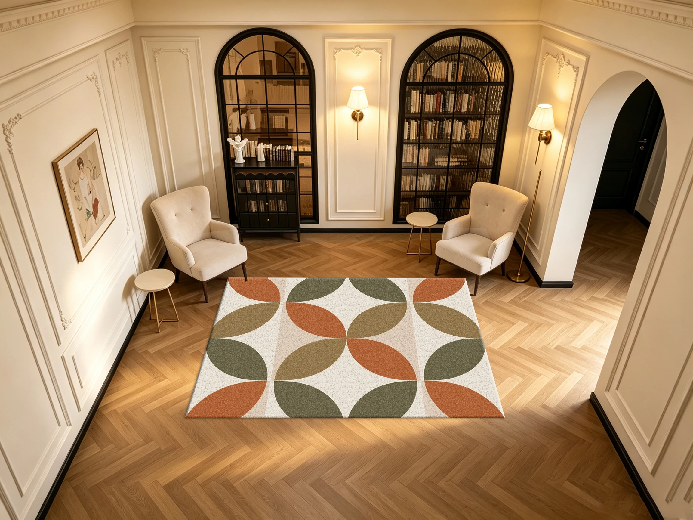 Mid Century Modern Abstract Leaf Carpet Flooring Earth Tone Geometric Curved Shape Printed Square Area Rug for Interior Decoration