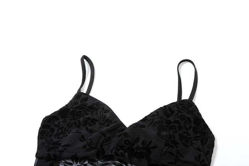 ผู้หญิงเซ็กซี่ดูผ่าน Flocking ตาข่ายสลิง Maxi ชุด V คอสายสปาเก็ตตี้ Backless Bodycon Club Party Long Robe