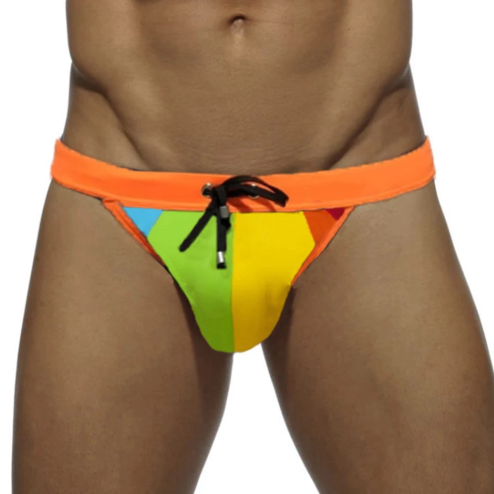 Men Sexy Bikini Swimwear Rainbow Swim Thong Briefs Swimming Shorts Trunks Beach U Convex Penis Big Pouch Panties Man Underwear