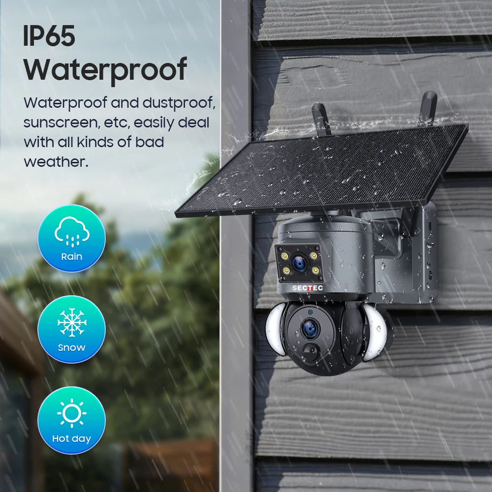 SECTEC 4G LTE Telecamera di sicurezza solare Telecamera WiFi wireless da 12 MP Registrazione 24 ore su 24, 7 giorni su 7 Consumo energetico ridotto Rilevamento PIR AOV Tech