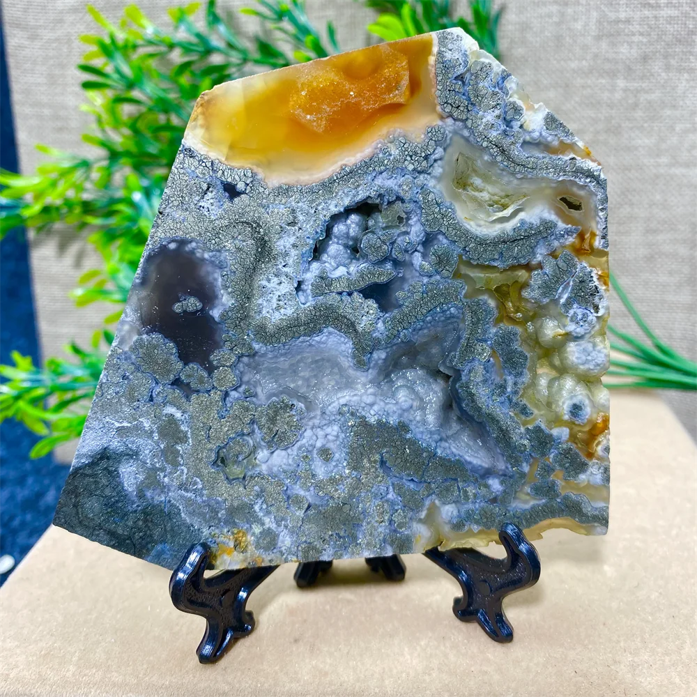 Marcasite Agate Slab Natural Stones Crystals Gemstone Meditation Geode Witchcraft Feng Shui Aesthetic Room Decor Home+Stand